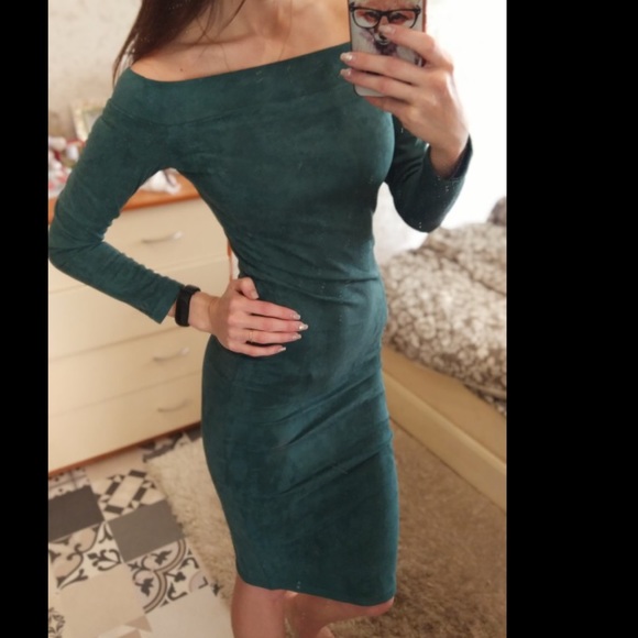 1 Left! Hunter Green Suede Off Shoulder Midi Dress - Picture 8 of 8